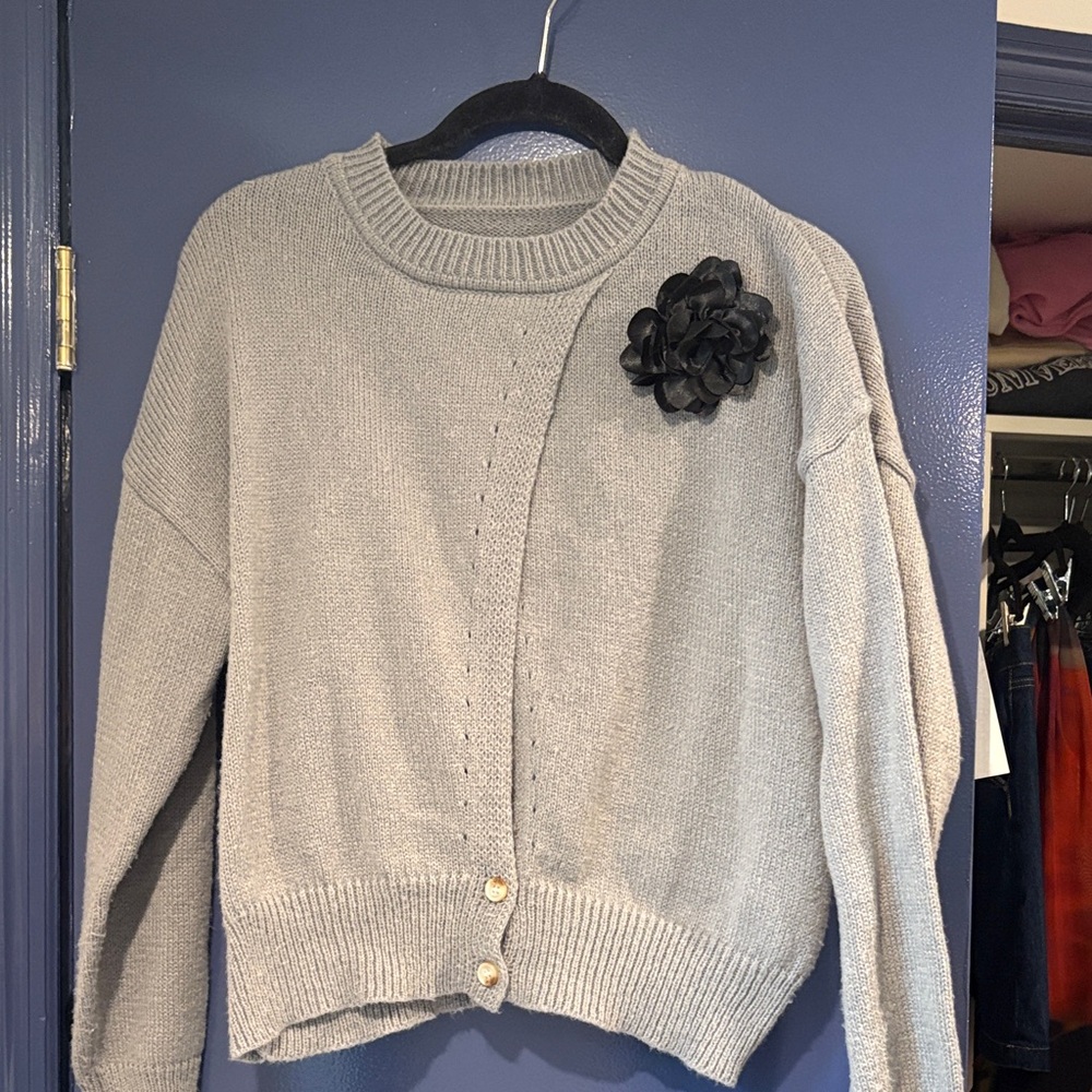 Gray Sweater with Black Flower
